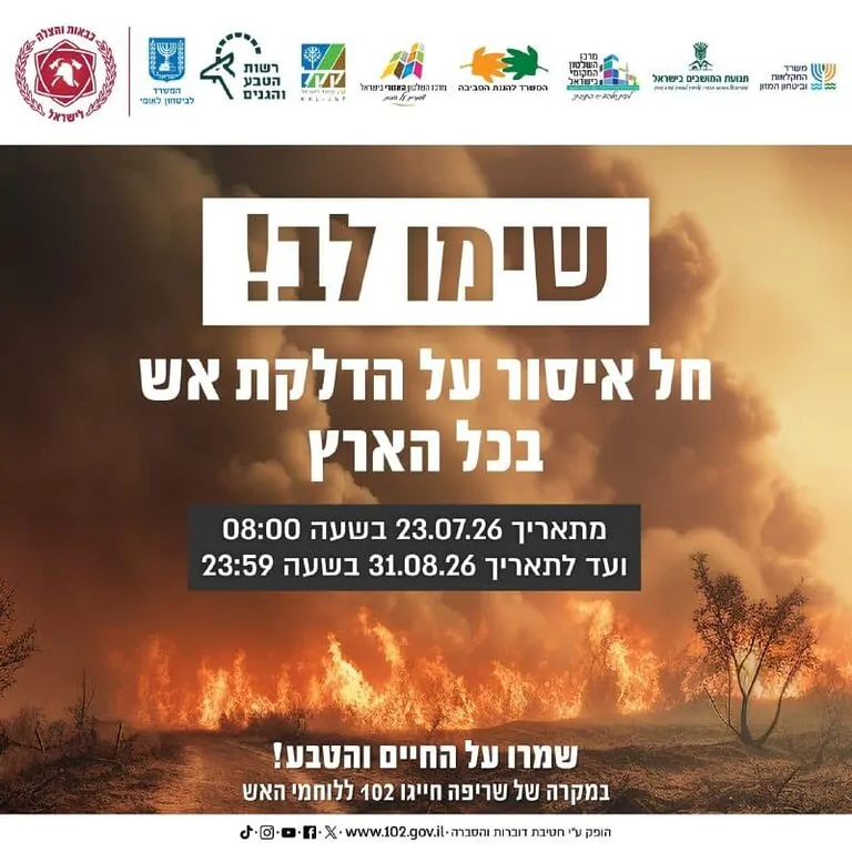נציב כבאות והצלה, רב-טפסר אייל כספי, חתם על צו האוסר על הבערת אש החל מהיום ועד לסוף חודש אוגוסט. השימוש במתקנים ייעודיים להכנת אוכל, כגון מנגל, מותר כרגיל