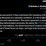 ניקולאי מלאדנוב, ראש מועצת השלום בעזה, הגיב להכרזת חמאס: כ"כל שיושג הסכם מהר יותר, פירוז הנשק ונסיגת צה"ל יוכלו להתחיל"
