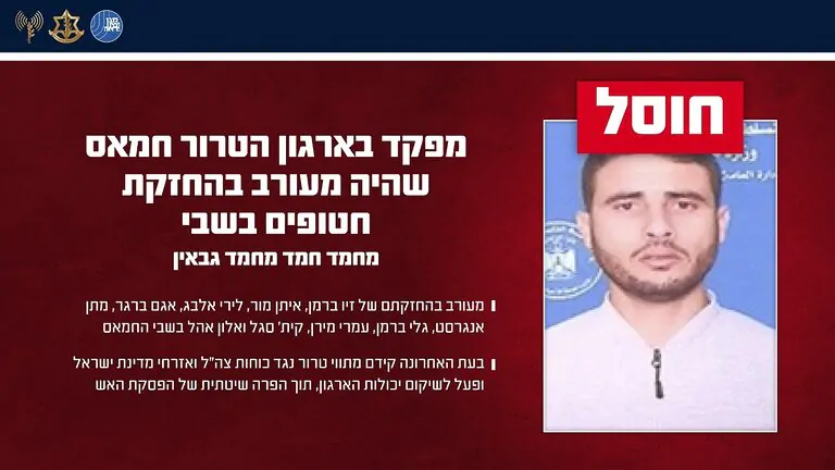 צה"ל ושב"כ חיסלו מפקד בחמאס שהיה מעורב בהחזקת חטופים בשבי