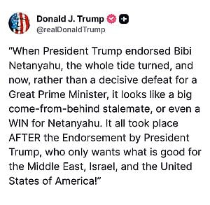 טראמפ על הבחירות בישראל: "כל המגמה התהפכה. במקום תבוסה מכרעת לראש ממשלה דגול, כעת זה נראה כמו תיקו גדול, או אפילו ניצחון לנתניהו"